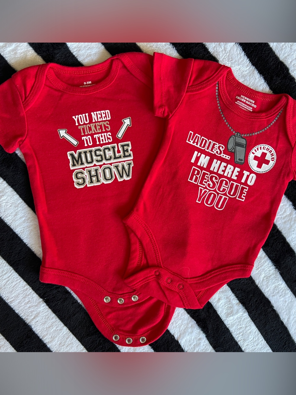 Red Baby Bodysuit Set - Playful Rescue & Muscle Show Designs